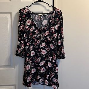 Black multi floral print long sleeve mini dress with puffy sleeve